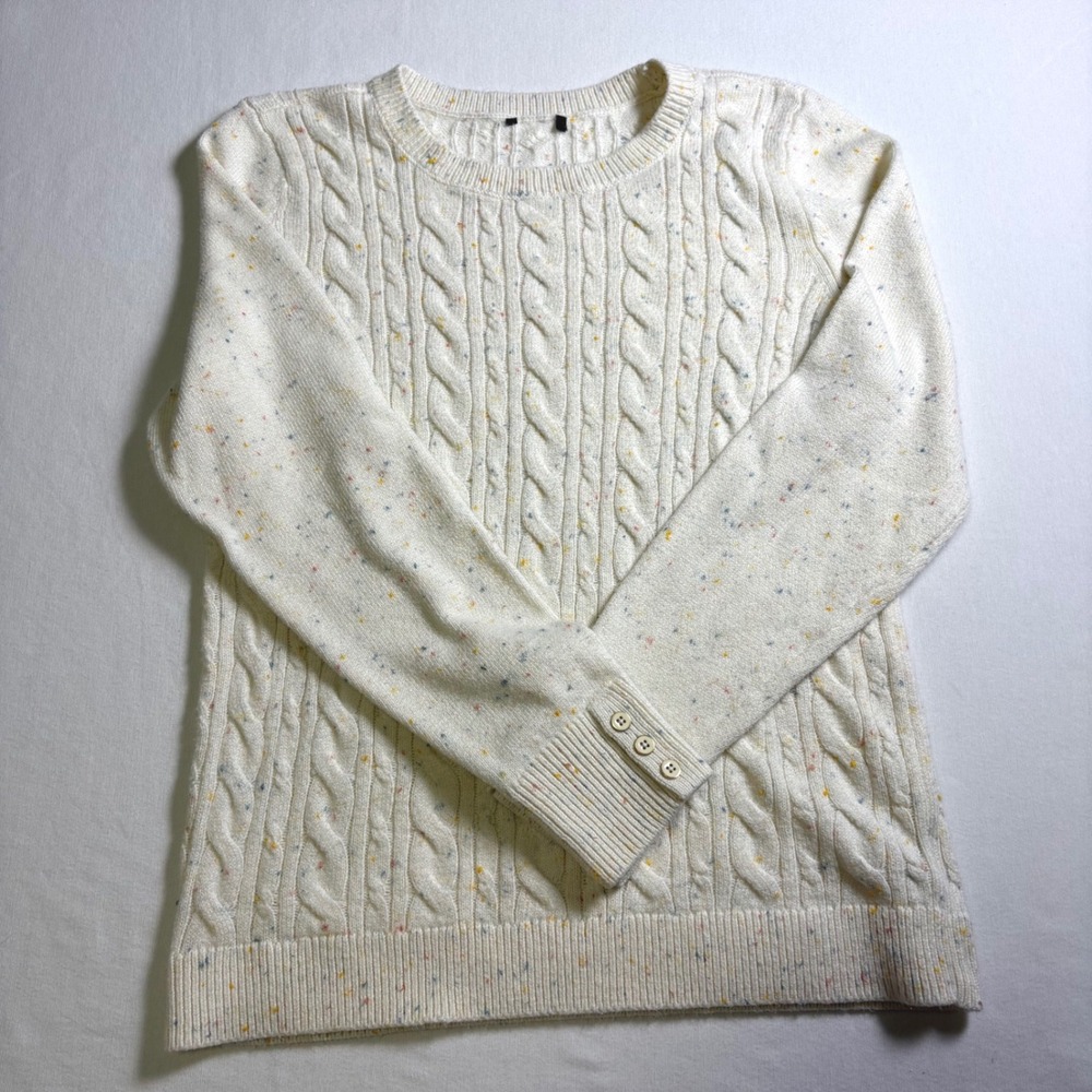 Talbots, Cable Knit Sweater, S, Cream Confetti, Speckled Button Cuff, MSRP $89